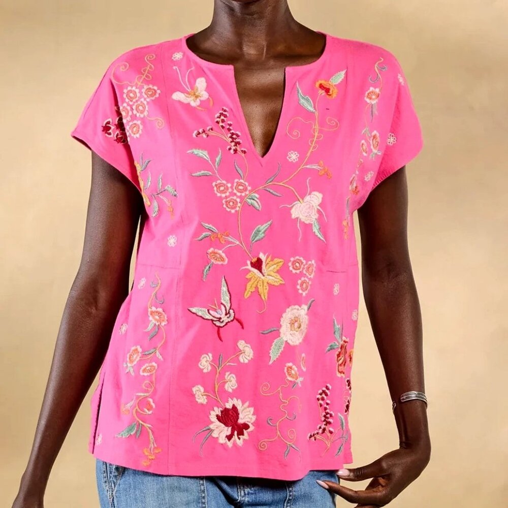 NWT Johnny Was Biya JWLA Workshop Embroidered Suki Easy Paneled V-Neck Tee Top M